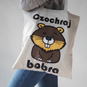 Torba zakupowa bawełniana z Bobrem - długi uchwyt, mieści A4