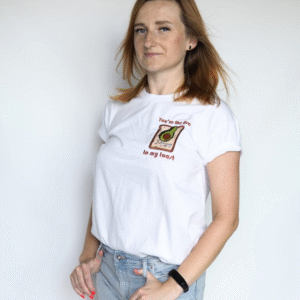 T-shirt biały bawełniany z haftem awokado - okrągły dekolt, oversize Unisex